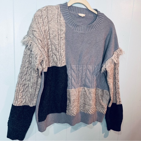Patchwork Color Block Crew Sweater Sz Large Fringe Cable Knit Chunky Blue Gray - Picture 2 of 10